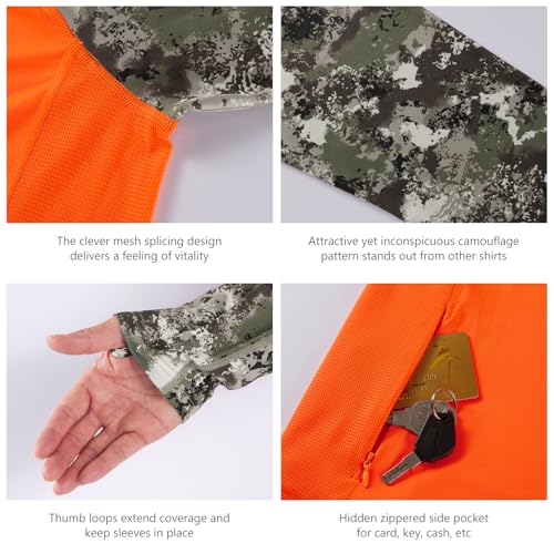 BASSDASH Men’s UPF 50 Performance Fishing Shirt Cooling Hoodie Camo Long Sleeve FS17M - color: Blaze Orange/Grunge Camo, size: 4X-Large