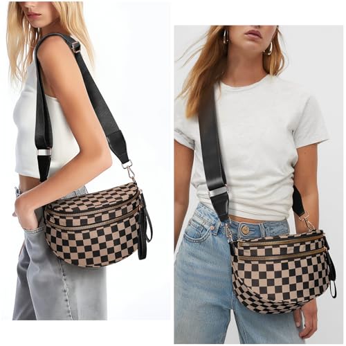 Checkered Crossbody Bum Bags for Women Nylon Checkered Purse Checkerboard Fanny Pack - color: F03-khaki