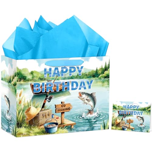 Hooqict Large Fishing Birthday Gift Bag Go Fishing Gift Wrap Bag with Handles, Tissue Paper, Greeting Cards for Boys Men Fisherman Fish Retirement Birthday Party Decorations Fathers Day Bags - color: Fishing