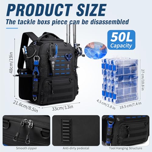 Fishing Tackle Backpack with Tackle Boxes, Two Rod Holders, Bottle Holder, 50L Waterproof Tackle Bag for Fishing Gear, Fish Gifts for Men, Black (4 Tackle Boxes Included - color: Black（4 Tackle Boxes Included）