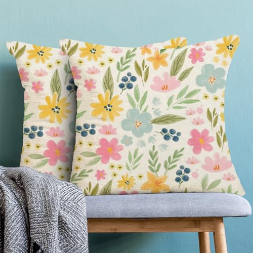 Spring Pillow Covers 16x16 Set of 2, Spring Leaf Watercolor Flowers Throw Pillows Cute Floral Decorative Cushion Case Decorations for Home Couch Sofa Outdoor - color: Floral-a, size: 16" x 16" (Pack of 1)