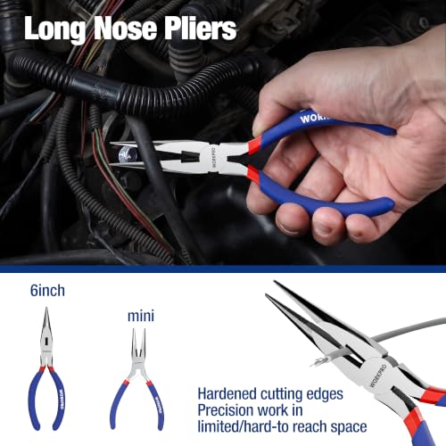 7-piece WORKPRO Pliers Set with Groove Joint, Long Nose, Slip Joint, Linesman, and Diagonal Pliers for DIY & Home Use - color: Red, Blue