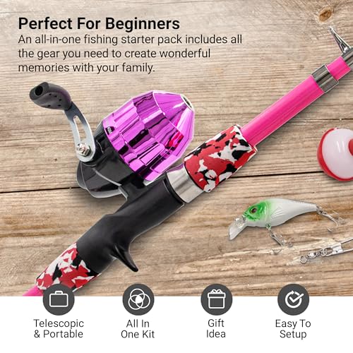 Lanaak Kids Fishing Pole, Kids Portable Telescopic Fishing Rod Set, Tackle Box and Fishing Net Combo Kit, Kids Fishing Gear for Boys and Girls Age 5-10 and Youth - color: Pink, size: 1.2m or 3.9FT