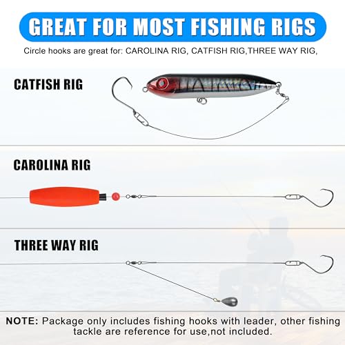 AGOOL Circle Hooks Rigs Saltwater Stainless Steel Leader Wire, 20pcs Heavy Duty Circle Hook with Leader Wire Bass Catfish Fishing Lure Rig for Catfish, Shark, Surf & Bottom Fishing 8/0