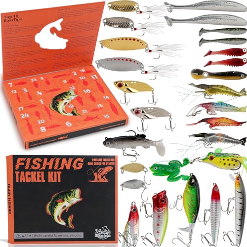 27Pcs Fishing Lures Kit, Hard and Soft Bait Set for Bass Trout Pike, Deep Diving Crankbaits with Premium Gift Box, Freshwater and Saltwater Fishing Tackle Gear for Men Dad Husband