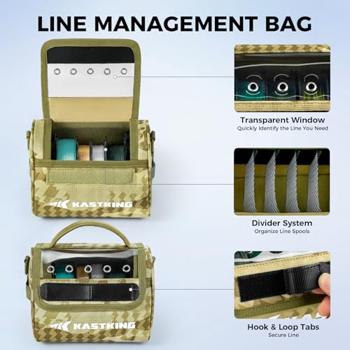 KastKing BaitSpace Line Management Bag, Fishing Line Storage Bag with Water Resistant Nylon, Clear View Window, Removable Divider, Tangle-free Leader Line Holder - color: C: Khaki Camo-Medium
