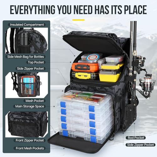 PLUSINNO Cooler Fishing Backpack with Rod Holders 45L Large Water-resistant Fishing Tackle bag Store Fishing Gear Fishing Gifts for Men Father - color: Black Camo