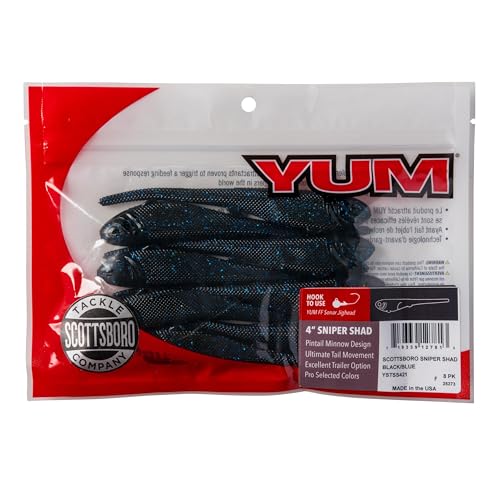 YUM Sniper Shad Soft Plastic – Realistic Minnow Bass Fishing Lure, Jig Head & Underspin Trailer, 3” 4” 5” Sizes, Multiple Colors - color: Black Blue, size: 4"