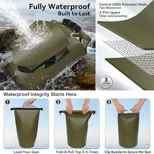 MARCHWAY Floating Waterproof Dry Bag Backpack 5L/10L/20L/30L/40L, Roll Top Sack Keeps Gear Dry for Kayaking, Rafting, Boating, Swimming, Camping, Hiking, Beach, Fishing - color: Army Green, size: 10L