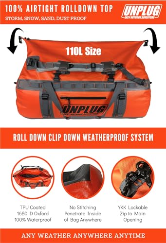UNPLUG Ultimate Adventure | 1680D Heavy Duty Waterproof Bag | Large Travel Bag which can be Used for Camping, Motorcycling, Boating, or Hunting|110L Adventure Orange - color: Adventure Orange, size: 110L