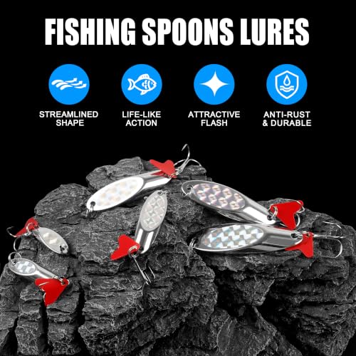 Fishing Lures Casting Spoon Lure, 5pcs Hard Metal Spoon Fishing Lures for Trout Bass Crappie Pike Walleye Saltwater Freshwater Fishing Gear 3/16oz-2oz - color: Silver-red heart, size: 3/2oz(42g)