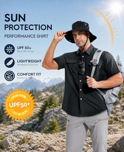 Haimont Men's UPF 50+ Short Sleeve Hiking Button Down Shirt | Quick-Dry Stretch, Mesh Back Vents, Rod Holder & Sunglasses Loops, Outdoor & Travel - color: Black, size: Small