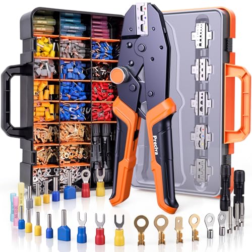Preciva Crimping Tool Kit with 6 Interchangeable Jaws, Adjustable Ratchet Crimper with Pressure Knob, 361pcs Terminals, Ergonomic Handle & Storage Case – MC4 Crimping Tool for Electrical Work - size: 361
