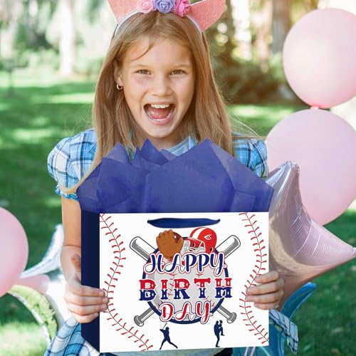 Hooqict Baseball Gift Bag Baseball Birthday Party Gift Wrap Bag with Handles, Tissue Paper, Greeting Card for Kids Boys Men Sport Themed Birthday Party Favors Supplies - color: Baseball