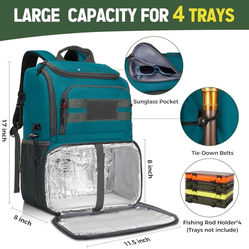 MATEIN Fishing Backpack Tackle Box, Water Resistant Tackle Backpack with Cooler & Rod Holders, Fishing Gifts for Men - color: Icy Blue & Grey