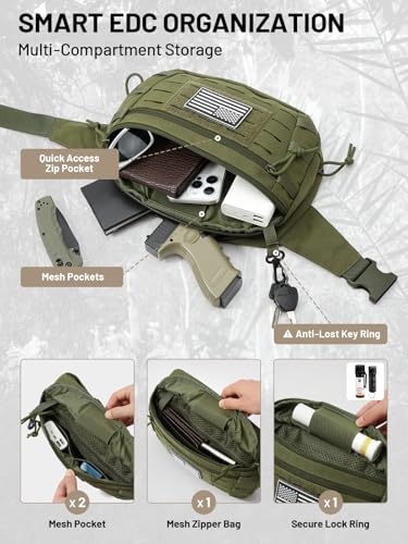 Tactical Sling Bag, Fanny Pack,2in1,CCW & EDC Shoulder Bag with MOLLE & Pistol Holster - 1000D Adjustable Strap for Outdoor Carry Men & Women - color: Green