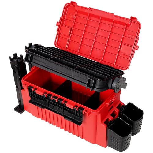 Dual-layer Fishing Tackle Box, Tackle Box Organizer Fishing Box Large, Plastic Portable Tackle Storage Box with 2pcs Rod Holder, 2pcs Cup Holder, 1pc Carring Strap - color: Red