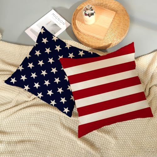 4th of July Pillow Covers 16 x 16 Inch Set of 2 Patriotic Red Stripe Navy Blue Stars Throw Pillows Independence Day Memorial Day Outdoor Decorative Pillowcase Linen Cushion Cases for Bed Sofa Couch - color: 4th of July-03, size: 16" x 16" (Pack of 2)