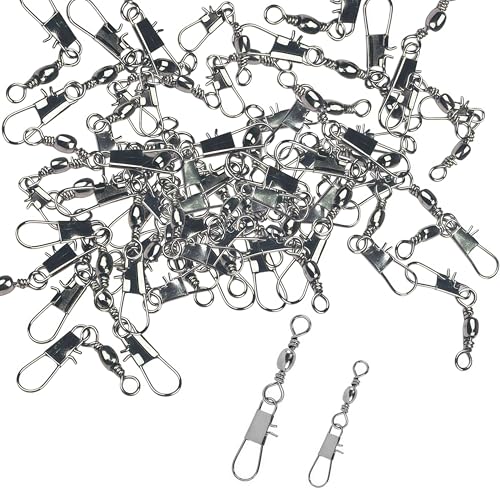 100Pcs Barrel Snap Swivels Fishing Tackle, Size 8# & 12# Stainless Steel Fishing Swivels with Safety Interlock Snaps, 10-20kg Tensile Strength Lure Connector for Freshwater & Saltwater