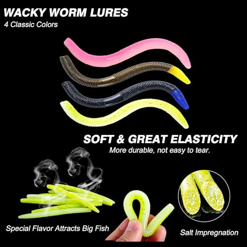 Goture Wacky Worm Fishing Lure Kit with Soft Plastics, Wacky Rig Tools, O-Rings, Worm & Drop Shot Hooks, Beads, Weights & Tackle Box - color: B-143pcs Wacky Worm Kit(5.3" Soft Worm)