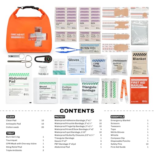 RHINO RESCUE Waterproof Boat First Aid Kit, Lightweight Boat Accessories Dry Bag, Emergency Marine Survival Supplies for Outdoor Kayak, Fishing, Floating, Swimming, Beach & Camping (Orange) - color: Orange