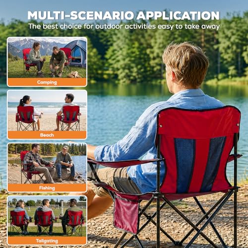 Romswi Portable Camping Chairs, Heavy Duty Folding Outdoor Chairs, Folding Chair with 4-Can Cooler Bag for Camping, Fishing, Garden, 2-Pack, Red - color: Red, style: Large