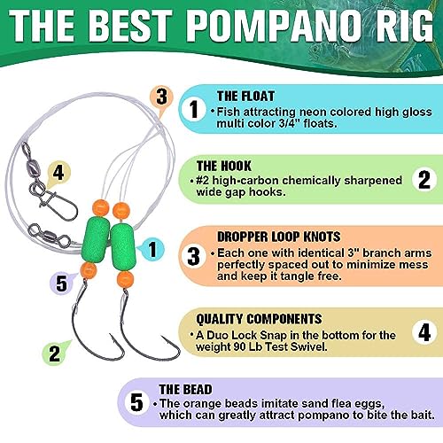 Pompano-Rigs-for-Surf-Fishing-Saltwater-Gear with Double Circle & Wide Gap Hook-6-Pack Surf Fishing Tackle - color: Green Floats 6-Pack, size: #2 Wide Gap Hook