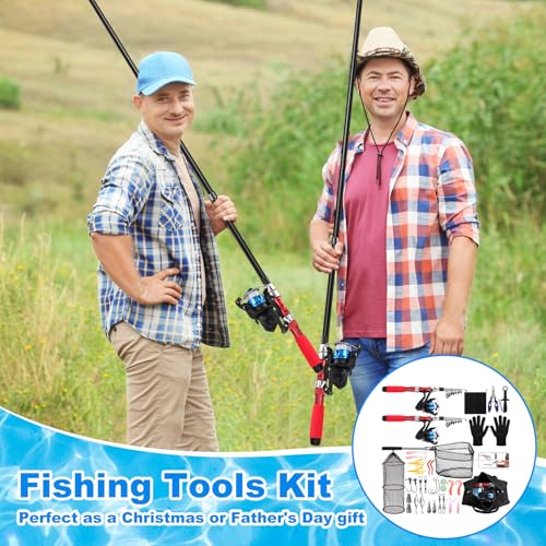 51 Pcs Fishing Rods Combo 6.89ft Telescopic Freshwater Pole Set with Plier Lip Gripper Lures Carrier Bag Pre Loaded Spinning Reel with Freshwater Rod Reel Kit Father Men Gift - color: Red
