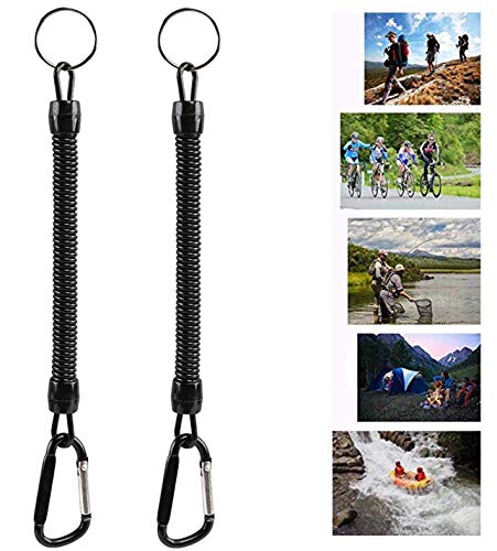 Pack of 6 Black Coiled Fishing Lanyard with Carabiner Fishing Ropes Secure Pliers Lip Grips Tackle Fish Tools