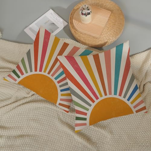 Summer Pillow Covers 16x16 Inch 2 Pcs Boho Colorful Sunshine Outdoor Decor Throw Pillows Stripes Rainbow Sun Farmhouse Holiday Decoration Pillowcase Linen Cushion Cover for Couch Sofa - color: Boho Sun 03, size: 16" x 16" (Pack of 2)