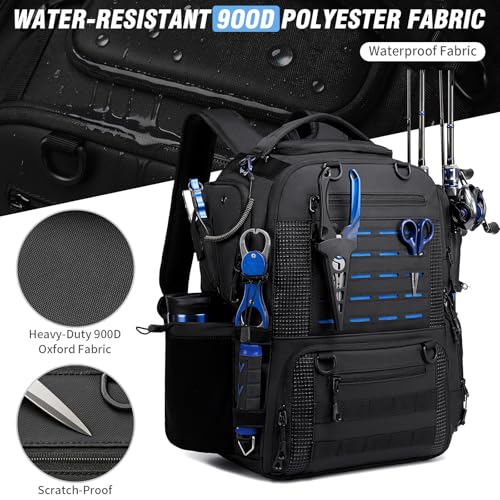 Fishing Tackle Backpack with 2 Rod Holders, Multi-Pocket Tactical Bag with Bottle Holder, 50L Extra Large Fishing Bag for Fishing Gear and Equipment, Black - color: Black