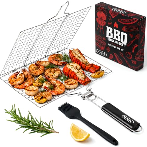 SHIZZO Shallow Grill Basket Set, Grilling Accessories Barbecue BBQ, Stainless Steel Folding Portable Outdoor Camping Rack for Fish, Shrimp, Vegetables, Cooking Accessories, Gift for Family, Freinds