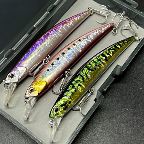 3pcs Iridescent Minnow Fishing Lures Set - 5" Sink Swimbaits, Ultra Long Casting, High-Index Plastic, Multi-Color with Treble Hooks Clear Storage Box - Perfect for Sea Fishing Bait - color: AH1328B-5'' 1oz