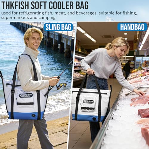 THKFISH Insulated Fish Cooler Bag, 25x17.5in Portable Soft Cooler Bag for Caught Fish, Travel, Beach, Camping, Picnic, Lunch, Fishing, 24HR Cold Retention(White-Blue) - color: White-blue-25x17.5x8.6"