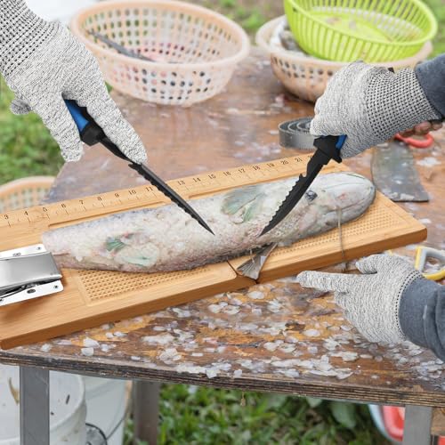 6 Pcs Fish Cleaning Kit Include Cutting Board Fish Fillet Boards with Clamp 2 Knife Cut Resistant Gloves Scale with Built in Measuring Tape Sharpening Rod(Foldable) - style: Foldable