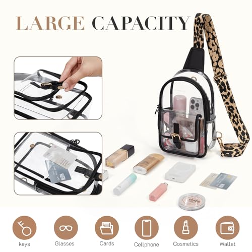 Missnine Anti-Theft Clear Sling Bag Clear Fanny Pack Stadium Approved Crossbody Bag Purse Trendy Heavy Duty Transparent Chest Bags with Guitar Strap for Concerts Sport Events - color: M-black[anti-theft]