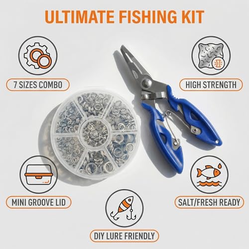 350pcs Flattened Split Rings Kit: 7-Sizes High Strength Steel Fishing Split Rings with Plier Set for Saltwater Lure Hook Connector - color: Silver