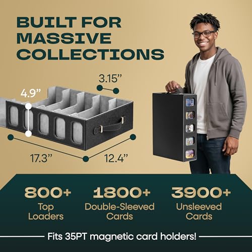 5-row Trading Card Storage Box with Display Windows | Magnifier Ruler, 2 Display Stands, 7 Cardholders & 24 Category Tabs Included | 3900+ Card Case with Magnetic Closure, Black Gray Card Box - color: Black, Gray (5 Row)