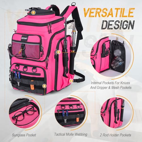 Goture Fishing Backpack with 4 Tackle Boxes, 900D Water-Resistant Tackle Backpack with Rod Holders,Insulated Cooler Compartment, 55L Large Capacity Fishing Gear Storage Bag for Saltwater & Freshwater - color: A3:pink(4 Tackle Boxes Included)