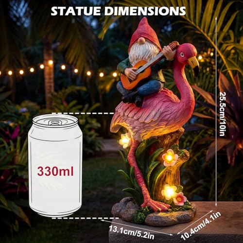 EXYGLO Solar Gnome Garden Statue Decor, 10" Gnome Riding Flamingo Outdoor Funny Decoration for Lawn, Patio, Yard, and Unique Housewarming, Birthday Ornament Gift for Mother, Friend, Family - style: Flamingo & Gnome