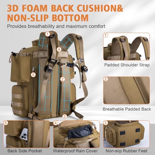 Goture Fishing Backpack, 58L 900D Water-Resistant Insulated Tackle Backpack with Cooler, Rod Holders, 8 Lure Pockets, Detachable Crossbody Bag, Gear Storage Large Fishing Bag for Camping Hiking - color: Khaki