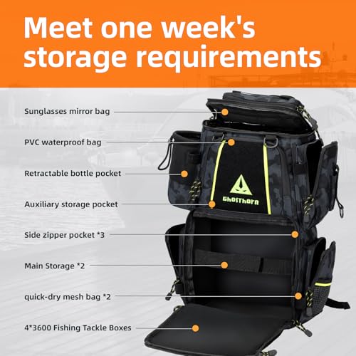 Ghosthorn Fishing Tackle Backpack with 4 3600 Tackle Boxes Rod Holder Outdoor 43L Large Bag with Detachable Wasit Bag Storage Gear and Equipment Waterproof - color: With 3600*4 Black Camouflage (43l)