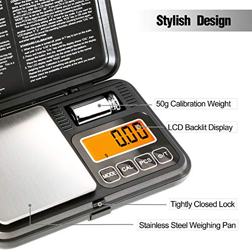 Fuzion Digital Pocket Scale 200g/0.01g, Scale Gram with LCD Display, Tare and PCS, Mini Digital Scale with 50g Calibration Weight for Jewelry, Coins, Powder, Herbs, Spices (Battery Included) - color: Black, size: 200/0.01g