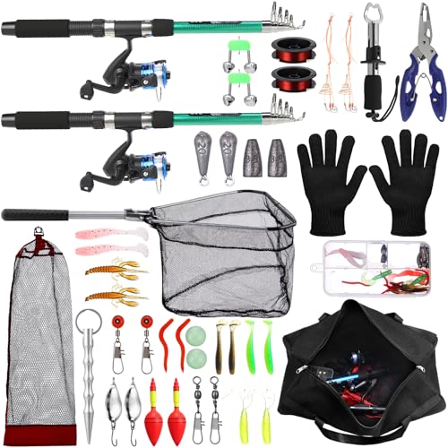 MiniInflat Telescopic Fishing Rod and Reel Combo, 6.89ft 2pcs Collapsible Rod with Plier Lip Gripper Lures Carrier Bag Pre-Loaded Spinning Reel Saltwater Freshwater Fishing Pole Kit - color: Green