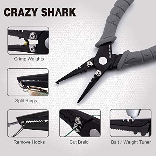 Fishing Pliers, Stainless Steel Fishing Tools, Saltwater Resistant Fishing Gear, Tungsten Carbide Cutters, Split Ring Pliers, Hook Remover with Coiled Lanyard and Sheath - color: Grey - 6" Split Ring Nose