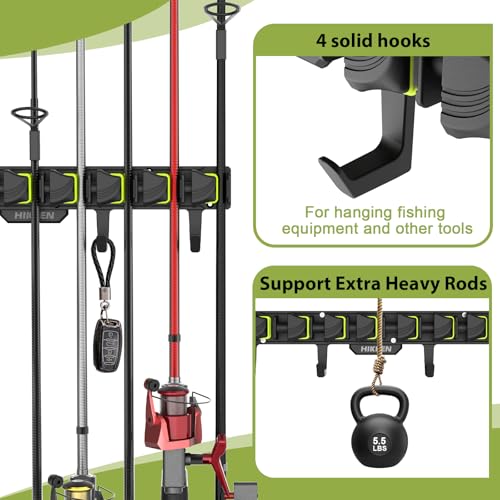 Fishing Rod Holders, Wall Mounted Fishing Rod Rack, Fishing Pole Holder Holds Up to 8 Rods or Combos, Fishing Rod Holders for Garage with 4 Hooks, Fits Most Rods of Diameter 3-24mm - style: Green-1Pack