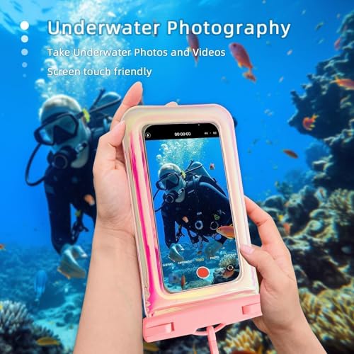 Floatable Waterproof Phone Pouch Case 2 pax for iPhone 17 16 Pro Max/15/14/13/12, IP68 Travel Cellphone Dry Bag Beach Cruise Ship Essentials Bags with Crossbody Lanyard, Iridescent Pink and Blue-7″ - color: A01-Iridescent Pink and Blue