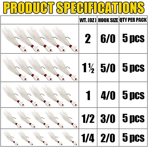 Bucktail-Jigs-Saltwater-Hair-Jigs-Head -Fishing-Lures-Assorted Kit - color: All White -5 Piece Kit, size: 1/2 oz 5 pack