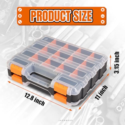 Jack Boss Tool Box with Transparent Lid, Double Side 34-Compartments Organizer Box with Removable Dividers for Hardware, Screws, Bolts, Nails, Beads, Jewelry and Fishing Accessories, Orange, 2 Pack - color: Orange, size: 2 PACK