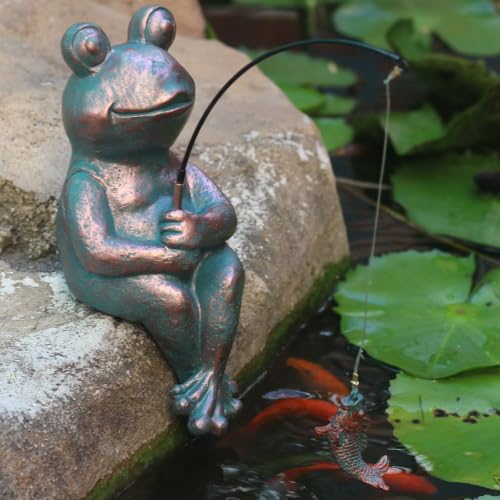 Antique Copper Fishing Frog Statue - Outdoor Garden Statue & Koi Pond Decor - color: Fishing Frog (Copper)